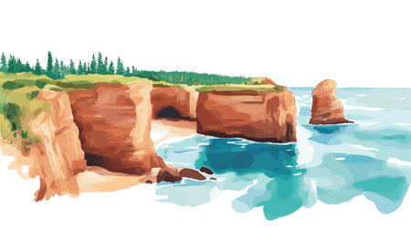 Prince Edward Island National Park. Prince Edward Island National Park hand drawn watercolor illustration on white backgroundのイラスト素材