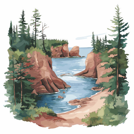 Prince Edward Island National Park. Prince Edward Island National Park hand drawn watercolor illustration on white backgroundのイラスト素材