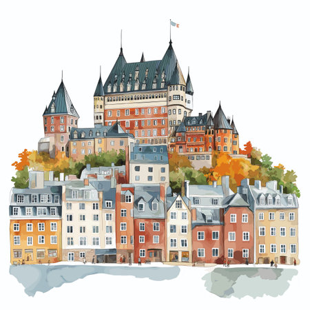 Quebec City. Quebec City hand drawn watercolor illustration on white backgroundのイラスト素材