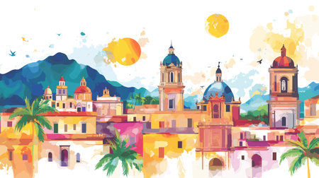 Mexico City Historic Center. Mexico City Historic Center hand drawn watercolor illustration on white backgroundのイラスト素材