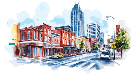 Nashville's Broadway and Music Row. Nashville's Broadway and Music Row hand drawn watercolor illustration on white backgroundのイラスト素材
