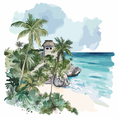 Riviera Maya. Riviera Maya hand drawn watercolor illustration on white backgroundのイラスト素材