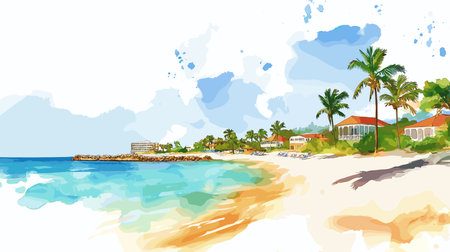 Saint Martin Beach. Saint Martin Beach hand drawn watercolor illustration on white backgroundのイラスト素材