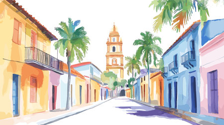 Santo Domingo Colonial Zone. Santo Domingo Colonial Zone hand drawn watercolor illustration on white backgroundのイラスト素材