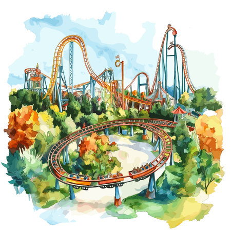 Six Flags Great Adventure. Six Flags Great Adventure hand drawn watercolor illustration on white backgroundのイラスト素材