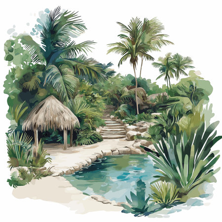 Sian Ka'an Biosphere Reserve. Sian Ka'an Biosphere Reserve hand drawn watercolor illustration on white backgroundのイラスト素材