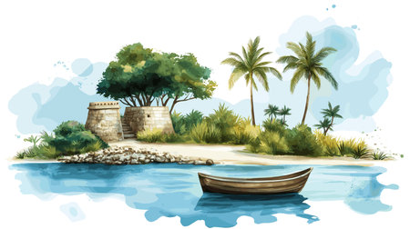 Sian Ka'an Biosphere Reserve. Sian Ka'an Biosphere Reserve hand drawn watercolor illustration on white backgroundのイラスト素材