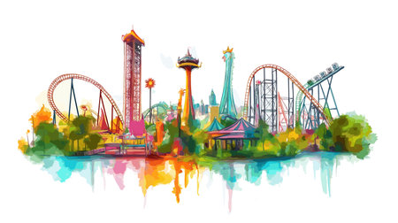 Six Flags Great Adventure. Six Flags Great Adventure hand drawn watercolor illustration on white backgroundのイラスト素材
