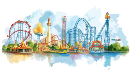 Six Flags Great Adventure. Six Flags Great Adventure hand drawn watercolor illustration on white backgroundのイラスト素材