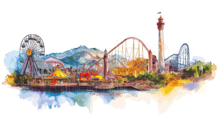 Six Flags Magic Mountain. Six Flags Magic Mountain hand drawn watercolor illustration on white backgroundのイラスト素材