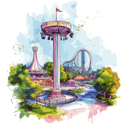 Six Flags Magic Mountain. Six Flags Magic Mountain hand drawn watercolor illustration on white backgroundのイラスト素材