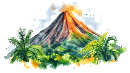 SoufriÃ¨re Volcano. SoufriÃ¨re Volcano hand drawn watercolor illustration on white backgroundのイラスト素材