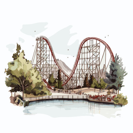 Six Flags Magic Mountain. Six Flags Magic Mountain hand drawn watercolor illustration on white backgroundのイラスト素材