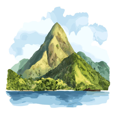SoufriÃ¨re Volcano. SoufriÃ¨re Volcano hand drawn watercolor illustration on white backgroundのイラスト素材