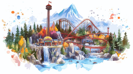 Six Flags Magic Mountain. Six Flags Magic Mountain hand drawn watercolor illustration on white backgroundのイラスト素材