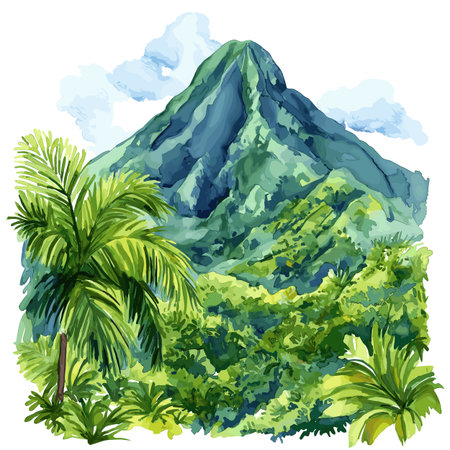SoufriÃ¨re Volcano. SoufriÃ¨re Volcano hand drawn watercolor illustration on white backgroundのイラスト素材