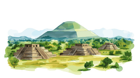 Teotihuacan. Teotihuacan hand drawn watercolor illustration on white backgroundのイラスト素材