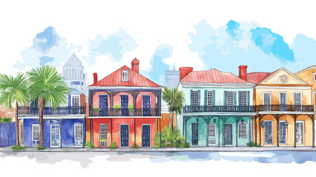 The French Quarter. The French Quarter hand drawn watercolor illustration on white backgroundのイラスト素材