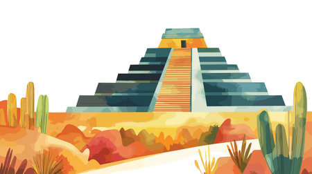 Teotihuacan. Teotihuacan hand drawn watercolor illustration on white backgroundのイラスト素材