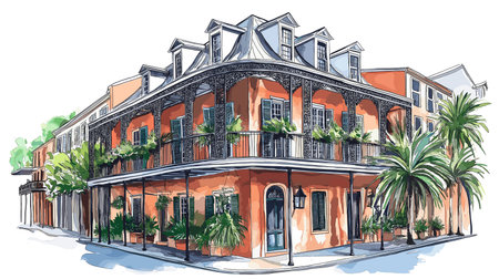 The French Quarter. The French Quarter hand drawn watercolor illustration on white backgroundのイラスト素材