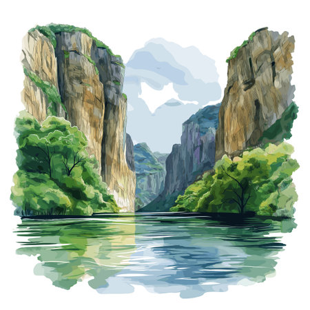 Sumidero Canyon National Park. Sumidero Canyon National Park hand drawn watercolor illustration on white backgroundのイラスト素材