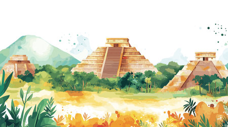 Teotihuacan. Teotihuacan hand drawn watercolor illustration on white backgroundのイラスト素材