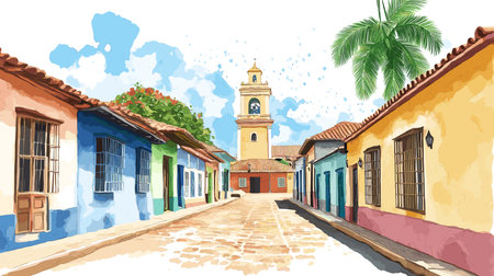 Trinidad Old Town. Trinidad Old Town hand drawn watercolor illustration on white backgroundのイラスト素材