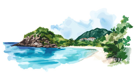 Trunk Bay. Trunk Bay hand drawn watercolor illustration on white backgroundのイラスト素材