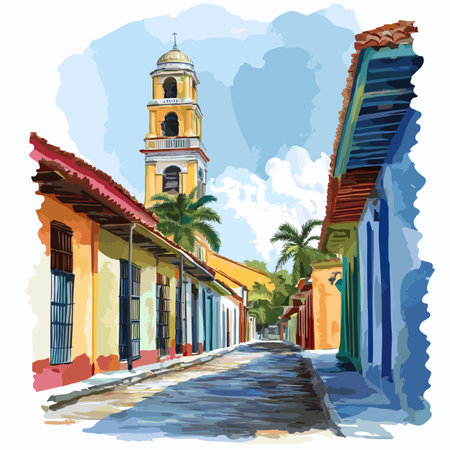Trinidad Old Town. Trinidad Old Town hand drawn watercolor illustration on white backgroundのイラスト素材