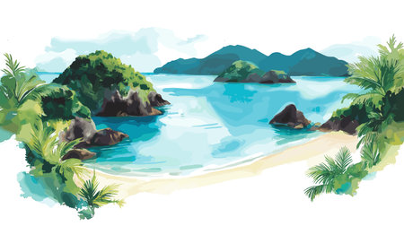 Trunk Bay. Trunk Bay hand drawn watercolor illustration on white backgroundのイラスト素材
