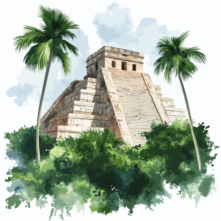 Uxmal. Uxmal hand drawn watercolor illustration on white backgroundのイラスト素材