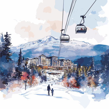 Whistler Blackcomb. Whistler Blackcomb hand drawn watercolor illustration on white backgroundのイラスト素材