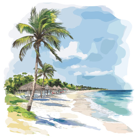 Varadero Beach. Varadero Beach hand drawn watercolor illustration on white backgroundのイラスト素材