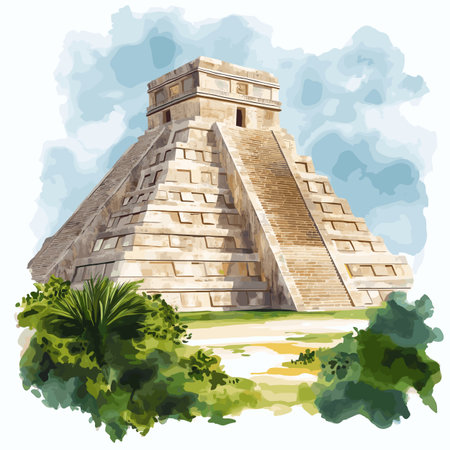Uxmal. Uxmal hand drawn watercolor illustration on white backgroundのイラスト素材