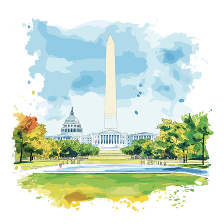 Washington DC. Washington DC hand drawn watercolor illustration on white backgroundのイラスト素材