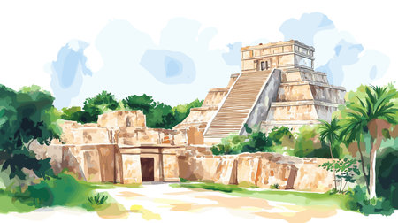 Uxmal. Uxmal hand drawn watercolor illustration on white background