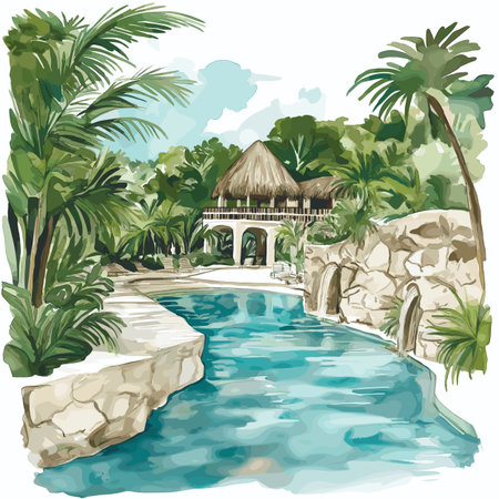 Xcaret Eco Park. Xcaret Eco Park hand drawn watercolor illustration on white backgroundのイラスト素材