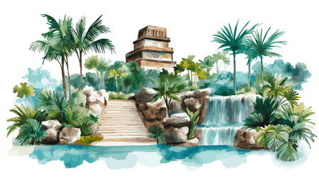 Xcaret Eco Park. Xcaret Eco Park hand drawn watercolor illustration on white backgroundのイラスト素材