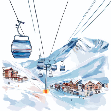 Andes Ski Resort. Andes Ski Resort hand drawn watercolor illustration on white backgroundのイラスト素材