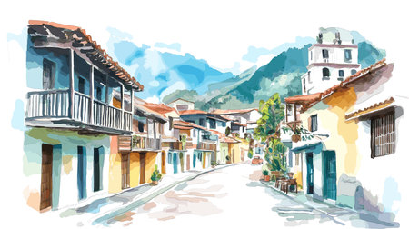 Banos de Agua Santa. Banos de Agua Santa hand drawn watercolor illustration on white backgroundのイラスト素材