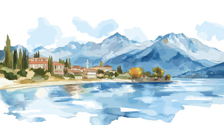 Bariloche. Bariloche hand drawn watercolor illustration on white backgroundのイラスト素材
