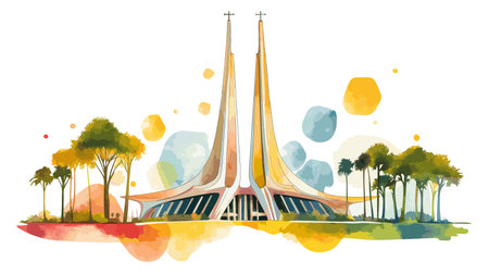 Brasilia Cathedral. Brasilia Cathedral hand drawn watercolor illustration on white backgroundのイラスト素材