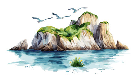 Ballestas Islands. Ballestas Islands hand drawn watercolor illustration on white backgroundのイラスト素材