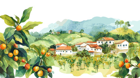 Coffee Cultural Landscape - Eje Cafetero. Coffee Cultural Landscape - Eje Cafetero hand drawn watercolor illustration on white backgroundのイラスト素材