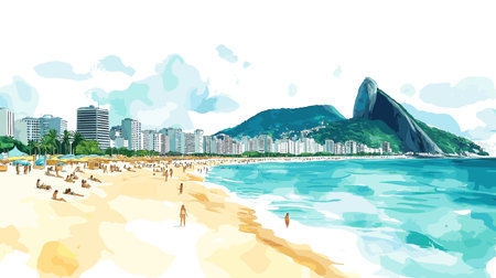 Copacabana Beach. Copacabana Beach hand drawn watercolor illustration on white backgroundのイラスト素材
