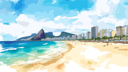 Copacabana Beach. Copacabana Beach hand drawn watercolor illustration on white backgroundのイラスト素材