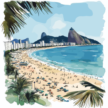 Copacabana Beach. Copacabana Beach hand drawn watercolor illustration on white backgroundのイラスト素材