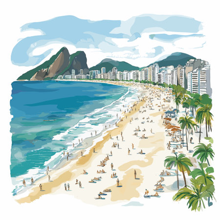Copacabana Beach. Copacabana Beach hand drawn watercolor illustration on white backgroundのイラスト素材
