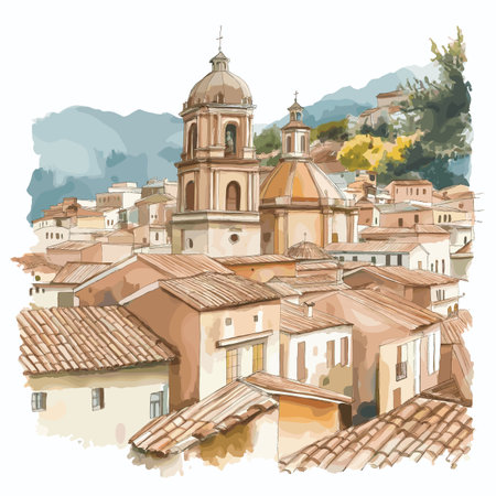 Cuenca Historic Center. Cuenca Historic Center hand drawn watercolor illustration on white backgroundのイラスト素材