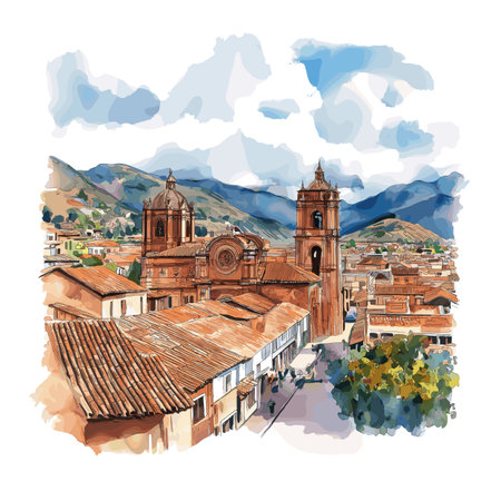 Cusco Historic Center. Cusco Historic Center hand drawn watercolor illustration on white backgroundのイラスト素材